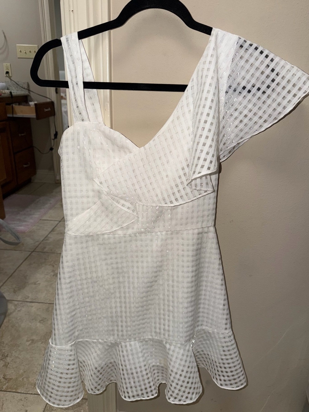 White One-Shoulder Gingham Ruffle Dress